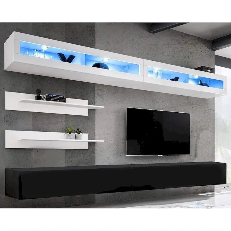 30" TV Wall-Mounted Floating Entertainment Center - 2 TV Stands, 2 Shelves, 2 Cabinets, 16-Color LED Lights, Modern