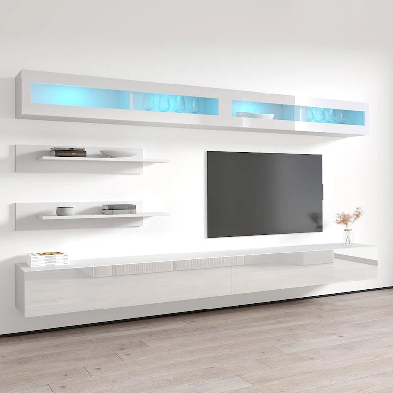 30" TV Wall-Mounted Floating Entertainment Center - 2 TV Stands, 2 Shelves, 2 Cabinets, 16-Color LED Lights, Modern