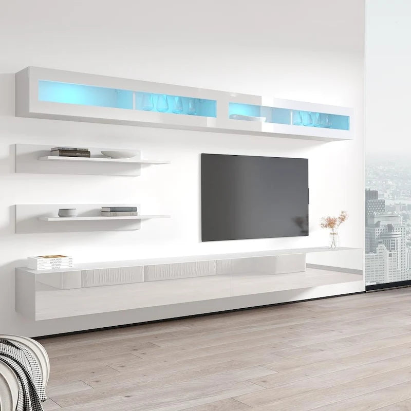 30" TV Wall-Mounted Floating Entertainment Center - 2 TV Stands, 2 Shelves, 2 Cabinets, 16-Color LED Lights, Modern