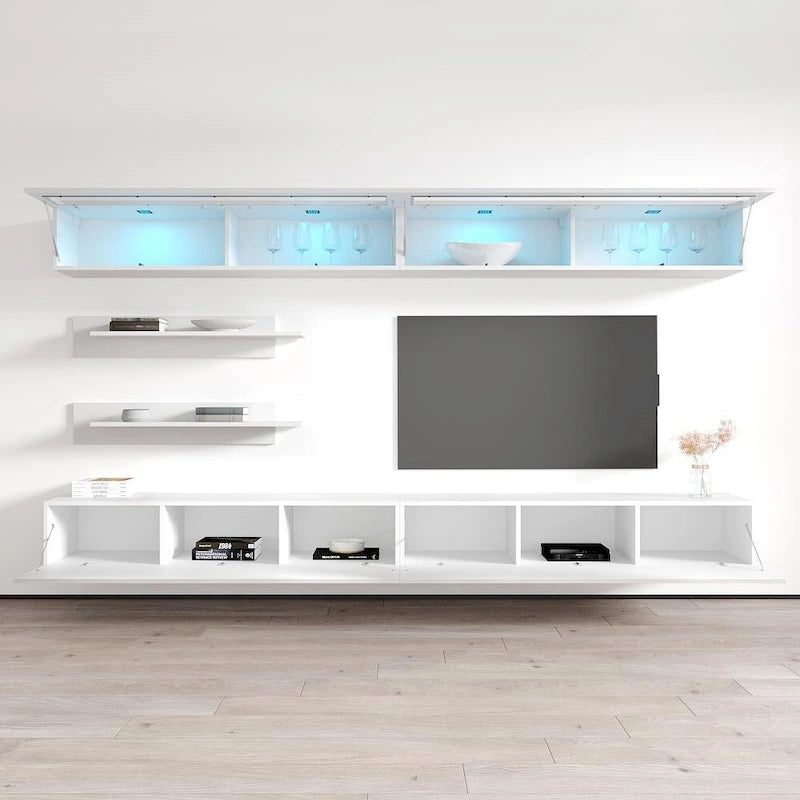 30" TV Wall-Mounted Floating Entertainment Center - 2 TV Stands, 2 Shelves, 2 Cabinets, 16-Color LED Lights, Modern