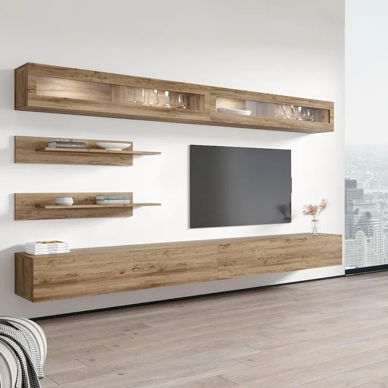 30" TV Wall-Mounted Floating Entertainment Center - 2 TV Stands, 2 Shelves, 2 Cabinets, 16-Color LED Lights, Modern