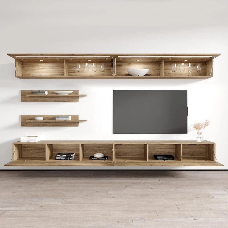 30" TV Wall-Mounted Floating Entertainment Center - 2 TV Stands, 2 Shelves, 2 Cabinets, 16-Color LED Lights, Modern