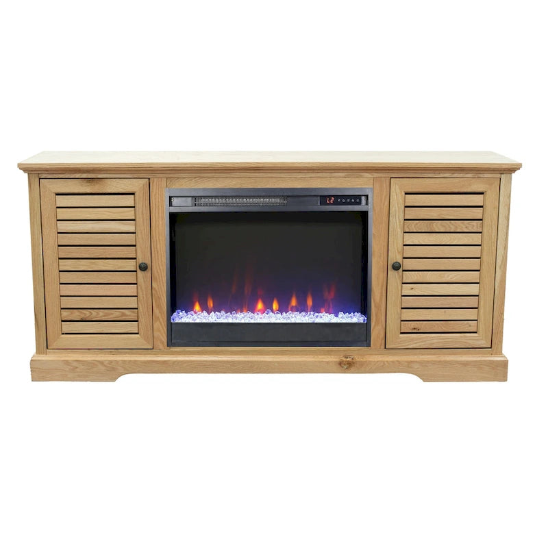 68" Electric Fireplace TV Stand for TVs up to 80" - Oak Wood Console with Remote, Heats 400 sq ft, 2 Doors & Shelves - Rustic Coastal Style