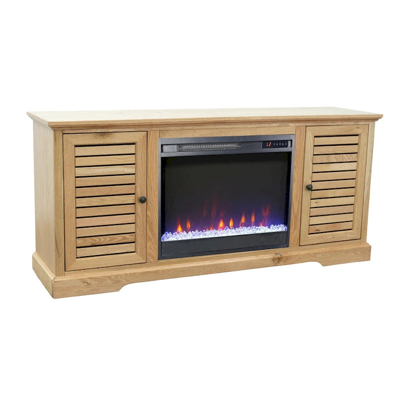 68" Electric Fireplace TV Stand for TVs up to 80" - Oak Wood Console with Remote, Heats 400 sq ft, 2 Doors & Shelves - Rustic Coastal Style
