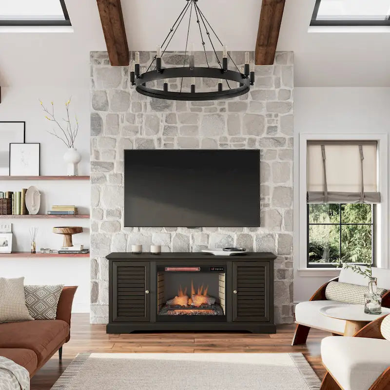 68" Electric Fireplace TV Stand for TVs up to 80" - Oak Wood Console with Remote, Heats 400 sq ft, 2 Doors & Shelves - Rustic Coastal Style