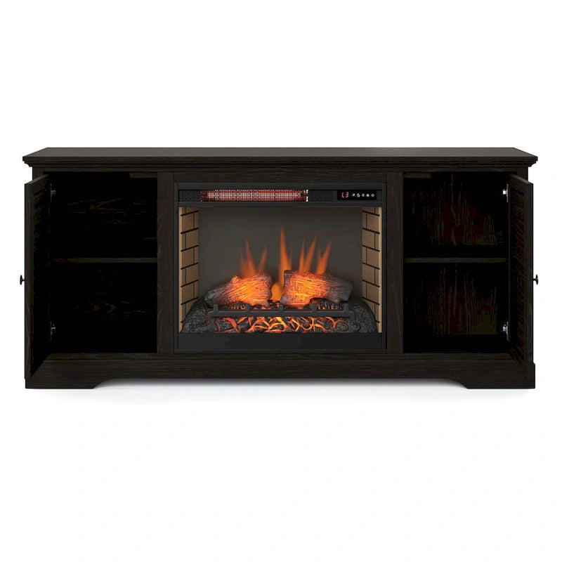 68" Electric Fireplace TV Stand for TVs up to 80" - Oak Wood Console with Remote, Heats 400 sq ft, 2 Doors & Shelves - Rustic Coastal Style