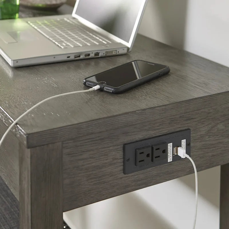 Counter Height Dining Set - Gray Table with 3 Bar Stools, Built-in Power Outlets & USB Ports, Drawer, Acacia Veneer, Set of 4