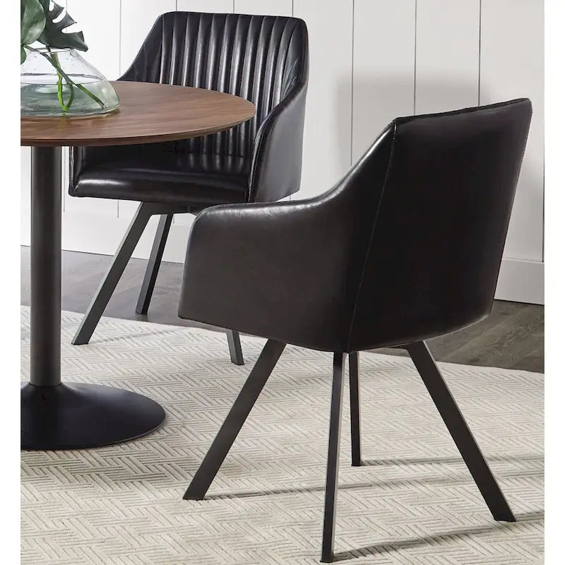 Black Leatherette Swivel Dining Chair - Retro Bucket Style, Vertical Channel Tufting, Gunmetal Base, 360-Degree Rotation