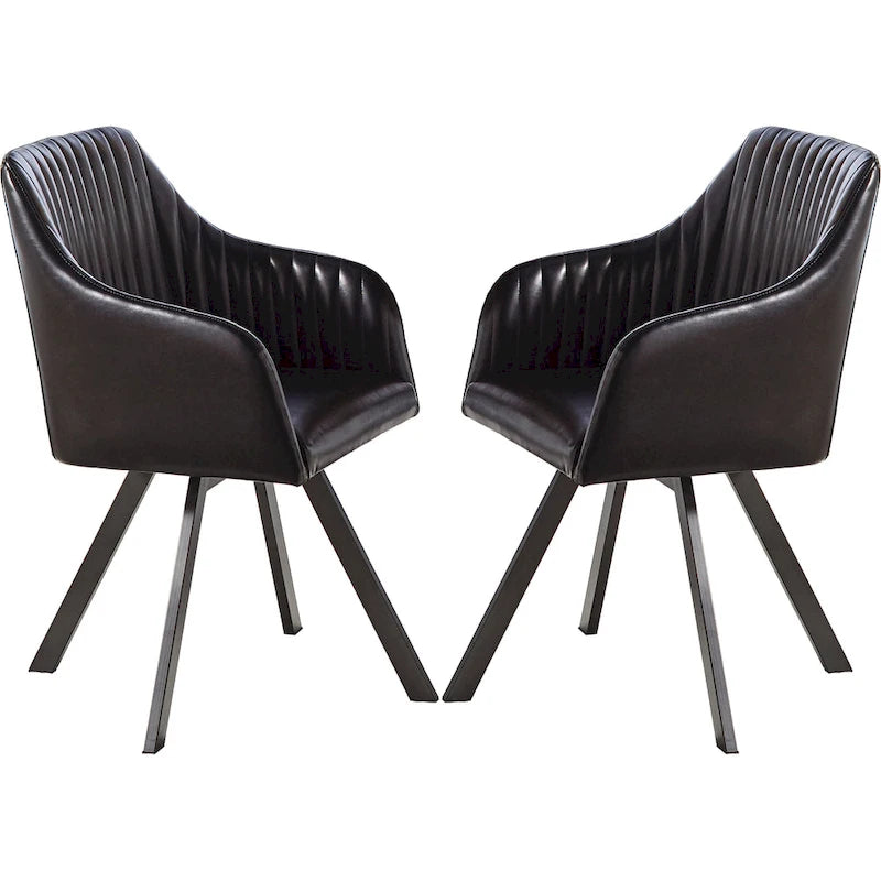 Black Leatherette Swivel Dining Chair - Retro Bucket Style, Vertical Channel Tufting, Gunmetal Base, 360-Degree Rotation