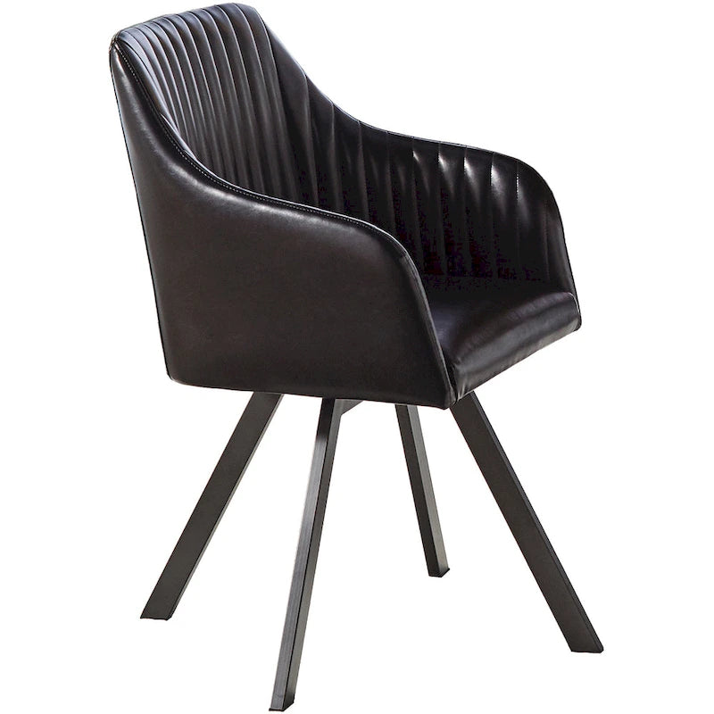 Black Leatherette Swivel Dining Chair - Retro Bucket Style, Vertical Channel Tufting, Gunmetal Base, 360-Degree Rotation
