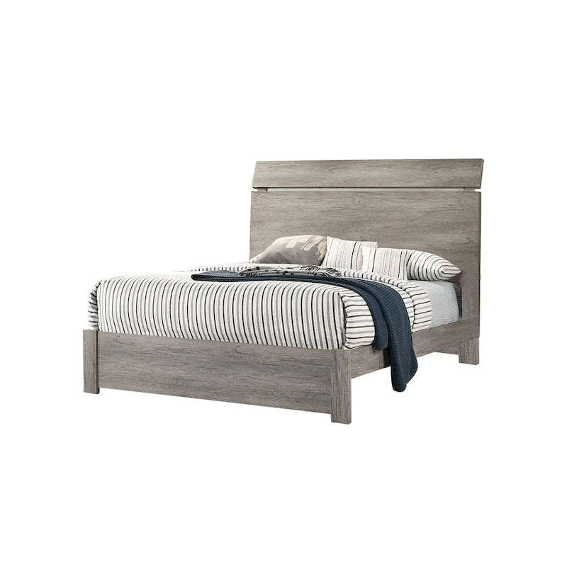 Weathered Grey Platform Bed Frame - Wood Grain Surface with Curved Headboard, Composite Wood Construction, Rustic City Chic