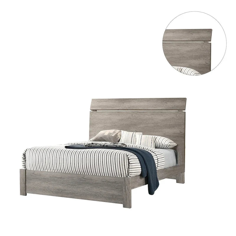 Weathered Grey Platform Bed Frame - Wood Grain Surface with Curved Headboard, Composite Wood Construction, Rustic City Chic