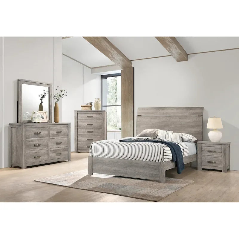Weathered Grey Platform Bed Frame - Wood Grain Surface with Curved Headboard, Composite Wood Construction, Rustic City Chic