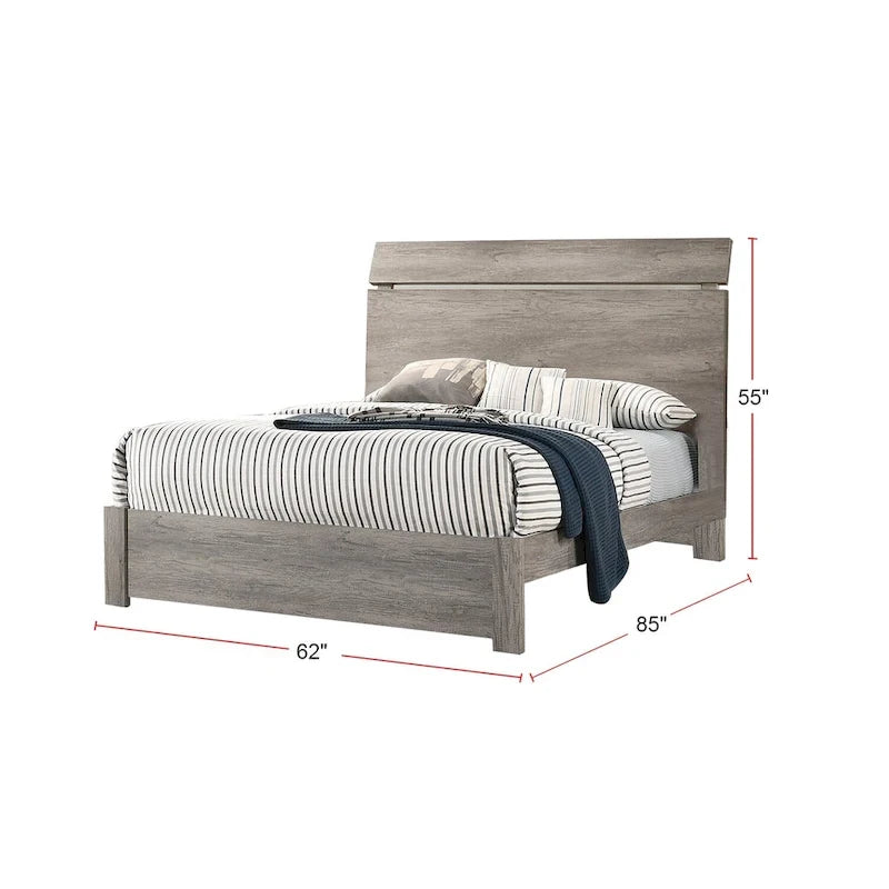 Weathered Grey Platform Bed Frame - Wood Grain Surface with Curved Headboard, Composite Wood Construction, Rustic City Chic
