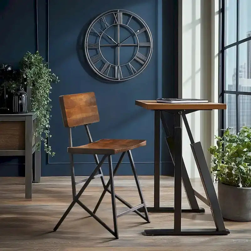 Reclaimed Wood Counter Stool with Gunmetal Frame - Industrial Rustic Style Bar Seat, 300lb Capacity, 23.75" Seat Height