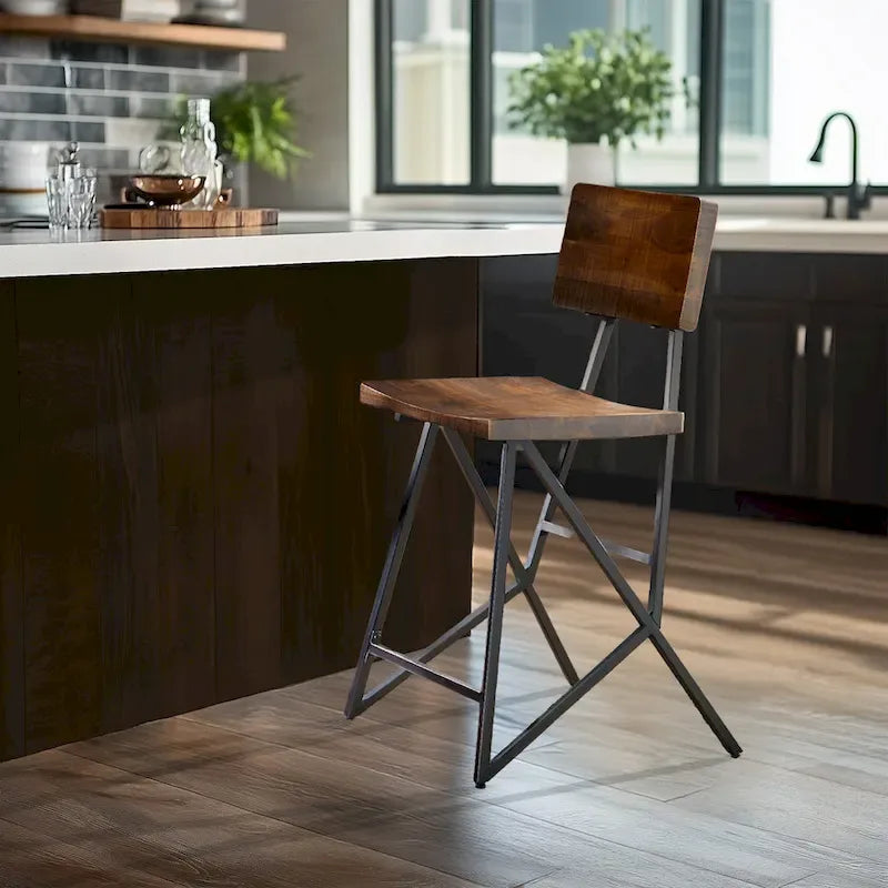 Reclaimed Wood Counter Stool with Gunmetal Frame - Industrial Rustic Style Bar Seat, 300lb Capacity, 23.75" Seat Height