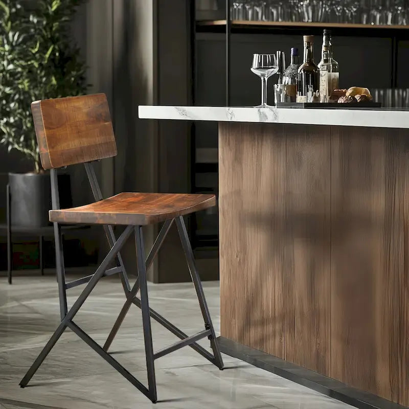 Reclaimed Wood Counter Stool with Gunmetal Frame - Industrial Rustic Style Bar Seat, 300lb Capacity, 23.75" Seat Height