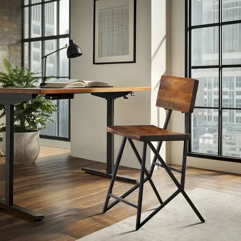 Reclaimed Wood Counter Stool with Gunmetal Frame - Industrial Rustic Style Bar Seat, 300lb Capacity, 23.75" Seat Height