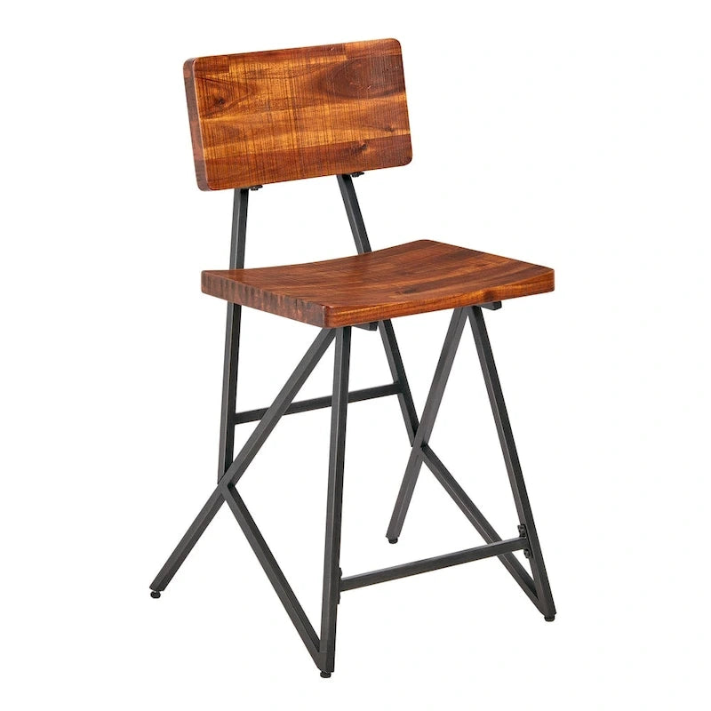 Reclaimed Wood Counter Stool with Gunmetal Frame - Industrial Rustic Style Bar Seat, 300lb Capacity, 23.75" Seat Height
