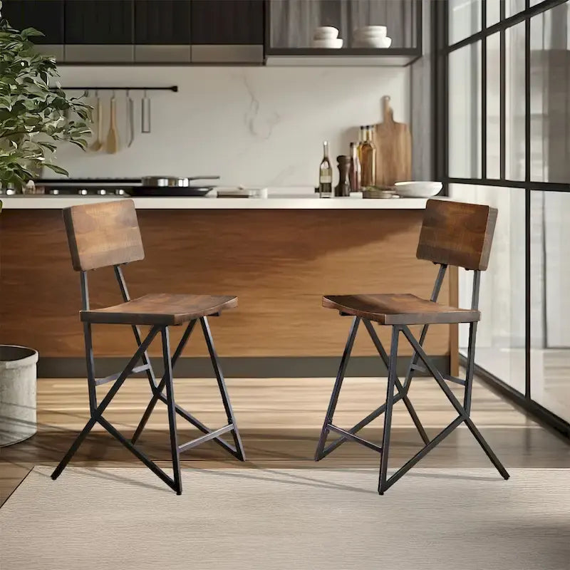 Reclaimed Wood Counter Stool with Gunmetal Frame - Industrial Rustic Style Bar Seat, 300lb Capacity, 23.75" Seat Height