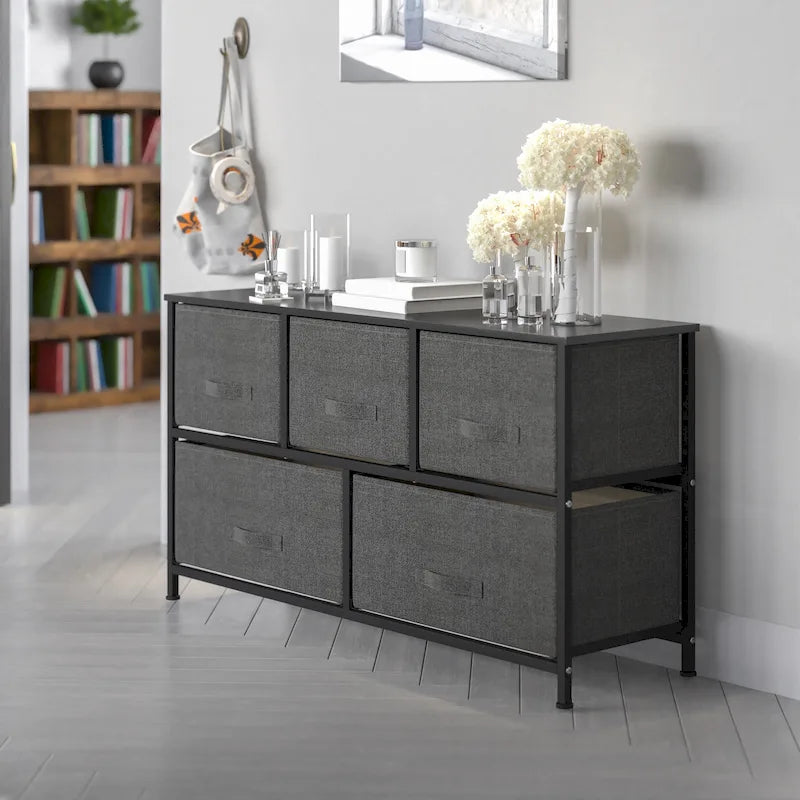 5 Drawer Storage Chest with Wood Top & Dark Fabric Pull Drawers