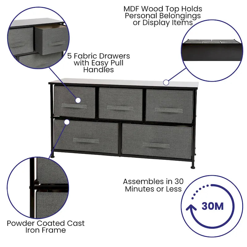 5 Drawer Storage Chest with Wood Top & Dark Fabric Pull Drawers
