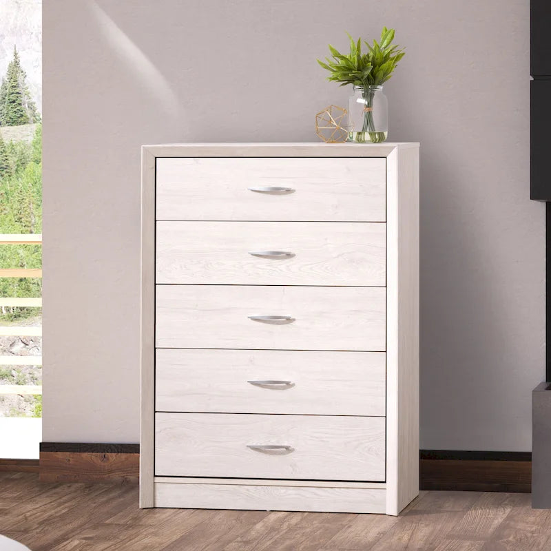 5-Drawer Tall Dresser - Mid-Century Modern Style, Faux Wood Grain Finish, Metal Handles, Smooth Glide Drawers - 3 Color Options: Black/White/Brown Oak