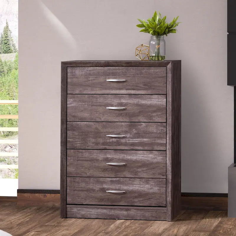 5-Drawer Tall Dresser - Mid-Century Modern Style, Faux Wood Grain Finish, Metal Handles, Smooth Glide Drawers - 3 Color Options: Black/White/Brown Oak
