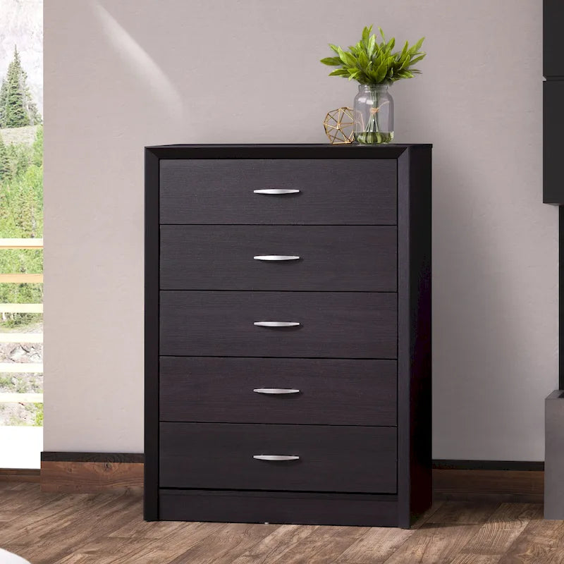 5-Drawer Tall Dresser - Mid-Century Modern Style, Faux Wood Grain Finish, Metal Handles, Smooth Glide Drawers - 3 Color Options: Black/White/Brown Oak