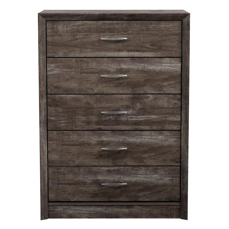 5-Drawer Tall Dresser - Mid-Century Modern Style, Faux Wood Grain Finish, Metal Handles, Smooth Glide Drawers - 3 Color Options: Black/White/Brown Oak