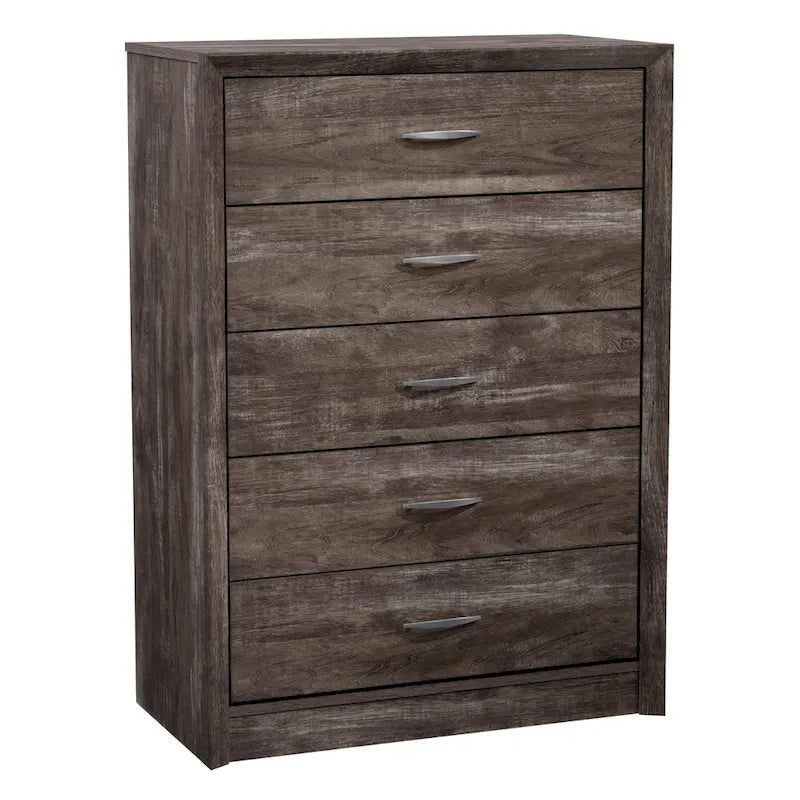 5-Drawer Tall Dresser - Mid-Century Modern Style, Faux Wood Grain Finish, Metal Handles, Smooth Glide Drawers - 3 Color Options: Black/White/Brown Oak