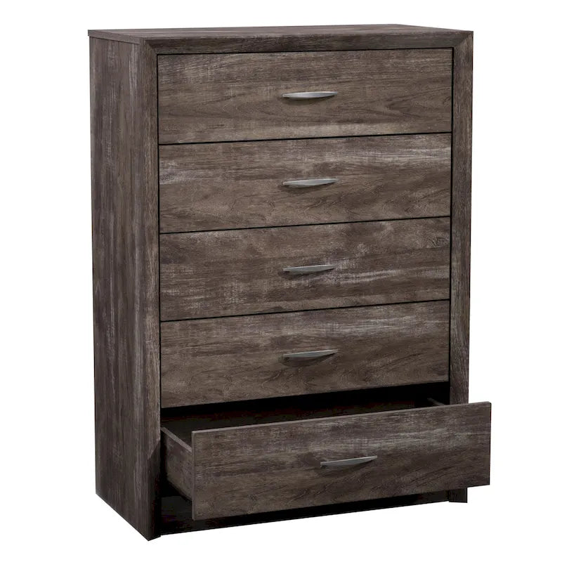 5-Drawer Tall Dresser - Mid-Century Modern Style, Faux Wood Grain Finish, Metal Handles, Smooth Glide Drawers - 3 Color Options: Black/White/Brown Oak