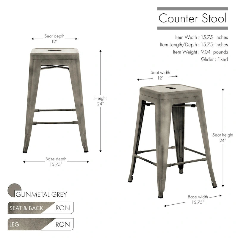 Stackable Metal Counter Stools Set of 4 - Indoor/Outdoor Backless Bar Stools, Rust-Proof Iron Construction, 300 lbs Capacity - Industrial Style