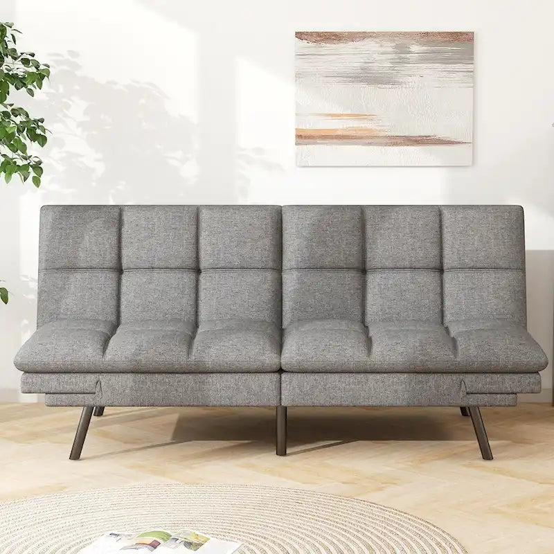 Memory Foam Futon Couch Bed - Grey Faux Leather, Convertible Sofa, Adjustable Split-Back (3 Angles), Armrests, Compact Living