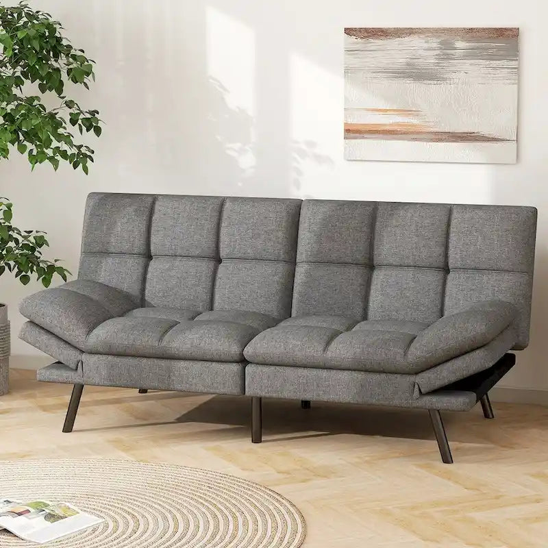 Memory Foam Futon Couch Bed - Grey Faux Leather, Convertible Sofa, Adjustable Split-Back (3 Angles), Armrests, Compact Living