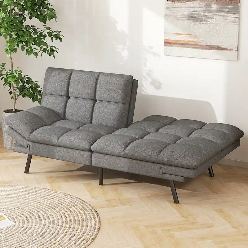 Memory Foam Futon Couch Bed - Grey Faux Leather, Convertible Sofa, Adjustable Split-Back (3 Angles), Armrests, Compact Living