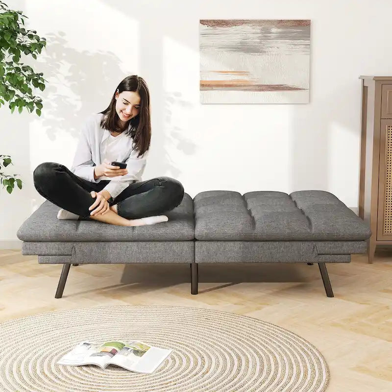 Memory Foam Futon Couch Bed - Grey Faux Leather, Convertible Sofa, Adjustable Split-Back (3 Angles), Armrests, Compact Living