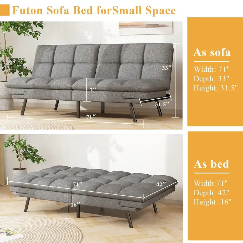 Memory Foam Futon Couch Bed - Grey Faux Leather, Convertible Sofa, Adjustable Split-Back (3 Angles), Armrests, Compact Living
