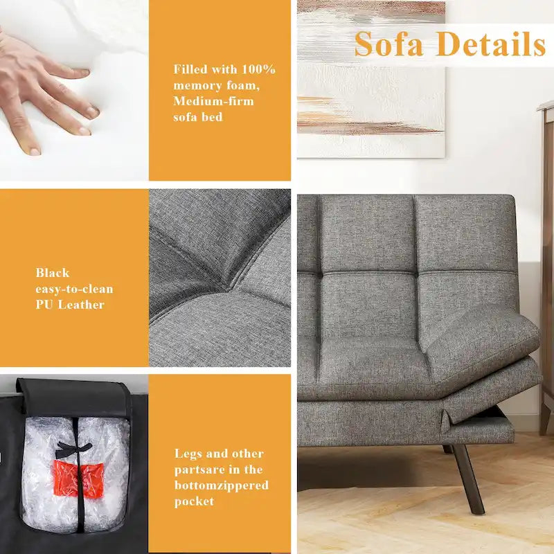 Memory Foam Futon Couch Bed - Grey Faux Leather, Convertible Sofa, Adjustable Split-Back (3 Angles), Armrests, Compact Living