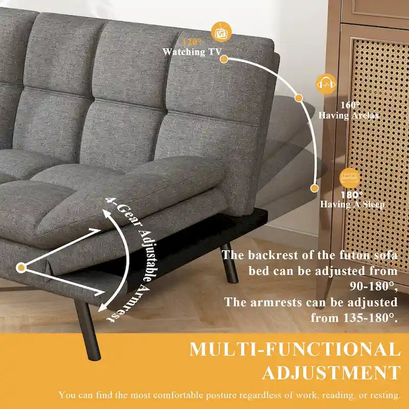 Memory Foam Futon Couch Bed - Grey Faux Leather, Convertible Sofa, Adjustable Split-Back (3 Angles), Armrests, Compact Living