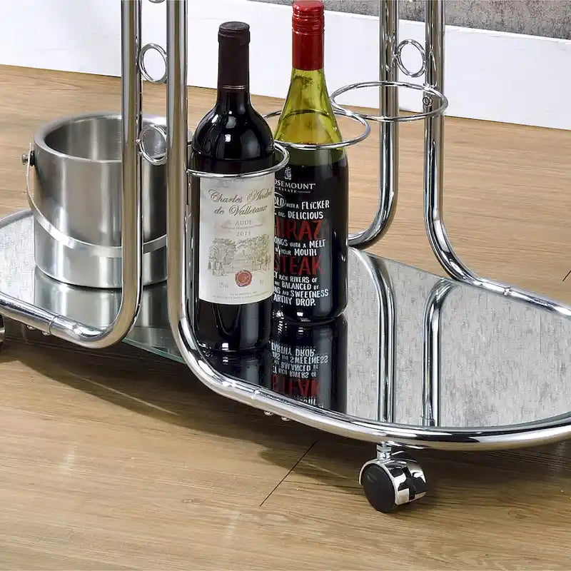 Modern Chrome Serving Cart with Glass Top, Wine Holder, Stemware Rack, Locking Casters, 50 lbs Capacity