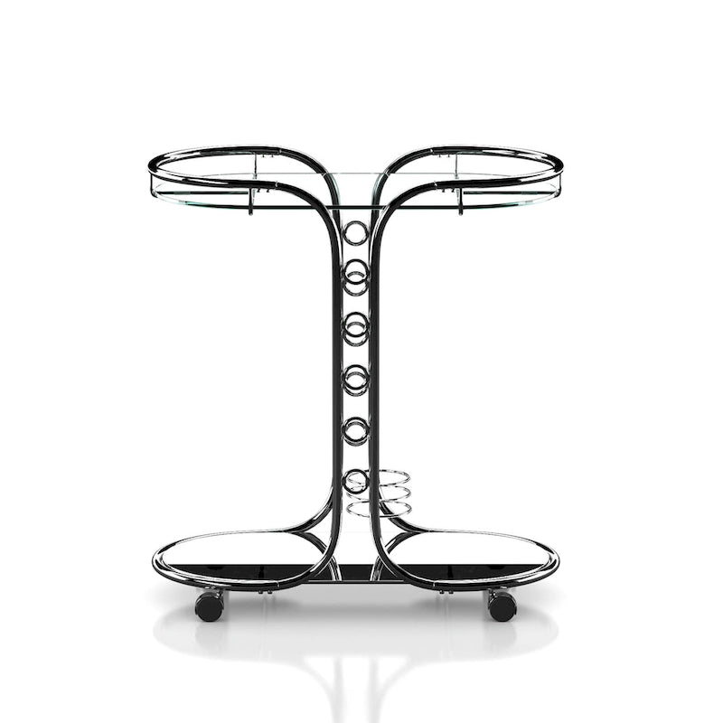 Modern Chrome Serving Cart with Glass Top, Wine Holder, Stemware Rack, Locking Casters, 50 lbs Capacity
