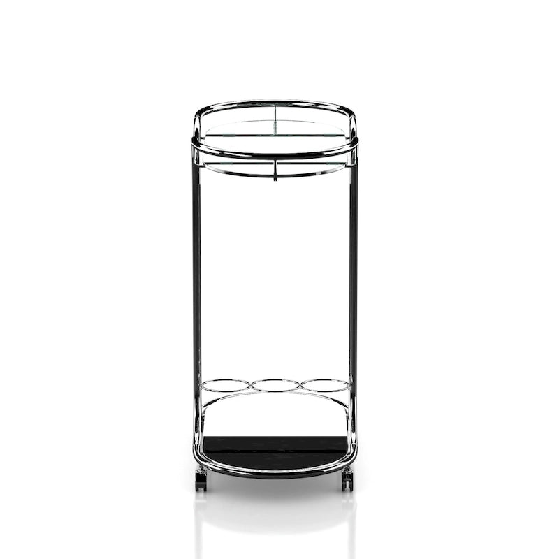 Modern Chrome Serving Cart with Glass Top, Wine Holder, Stemware Rack, Locking Casters, 50 lbs Capacity