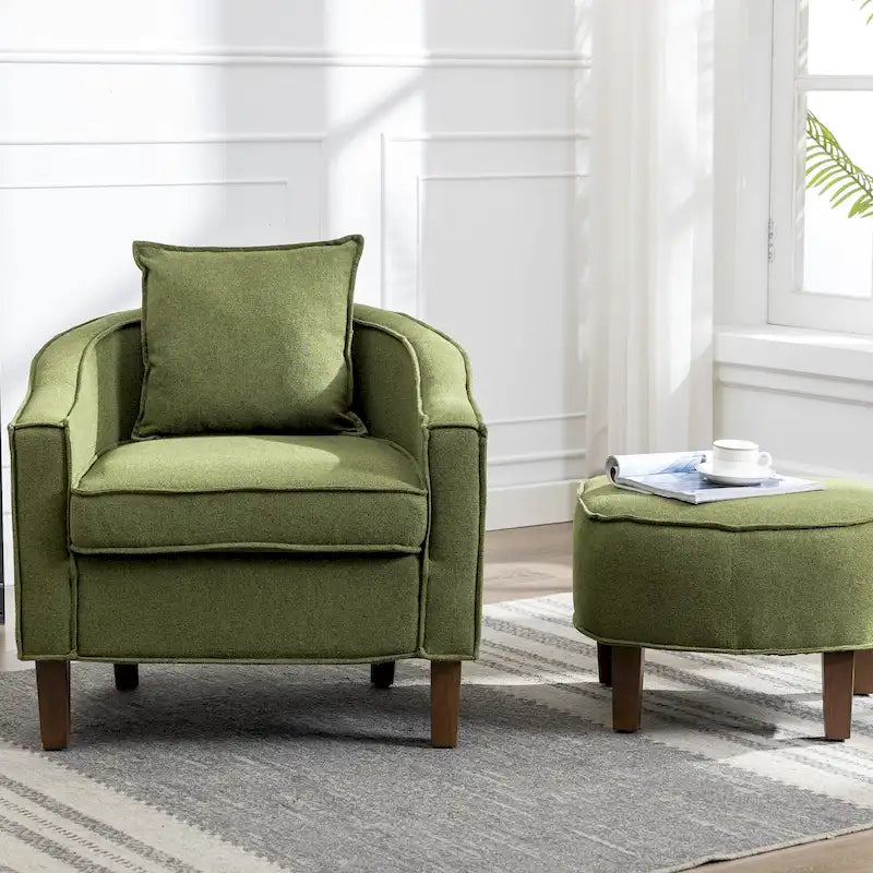 Linen/Polyester Upholstered Mid Century Barrel Chair with Ottoman
