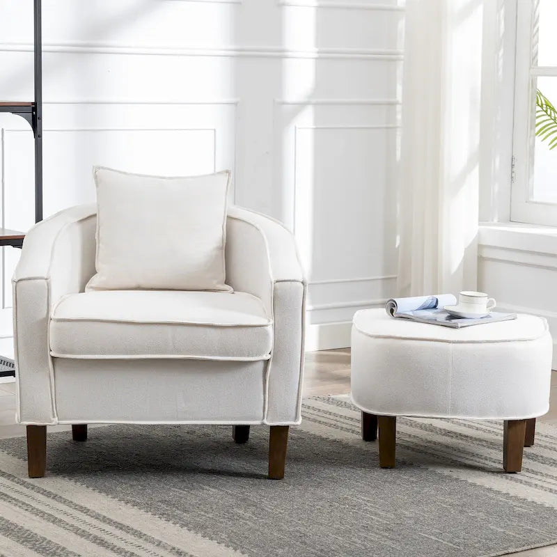 Linen/Polyester Upholstered Mid Century Barrel Chair with Ottoman