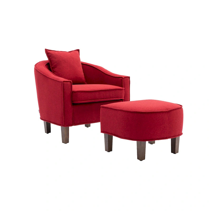 Linen/Polyester Upholstered Mid Century Barrel Chair with Ottoman