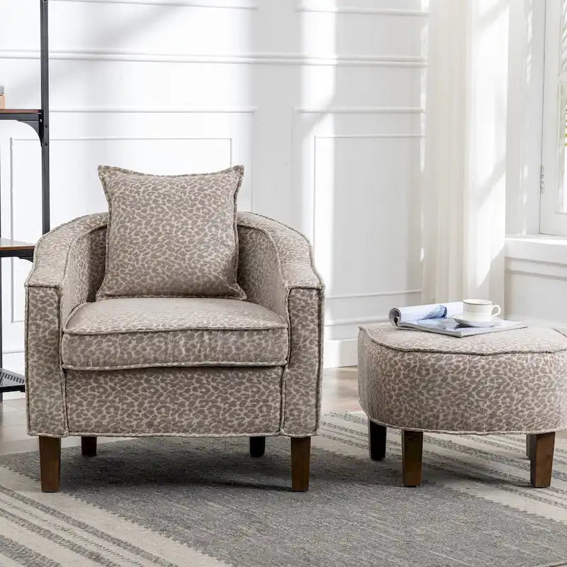 Linen/Polyester Upholstered Mid Century Barrel Chair with Ottoman