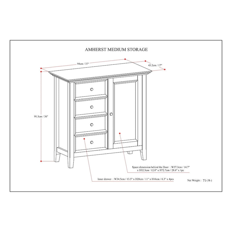 37-Inch Solid Wood Storage Cabinet - Light Golden Brown, 4 Deep Drawers, 2 Adjustable Shelves, Transitional Style, Handcrafted