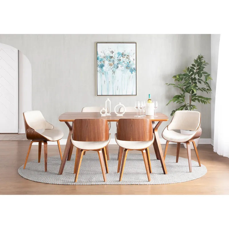 Mid-Century Modern Dining Chair - Walnut Wood Frame, Bentwood Back, Foam Padded Scooped Seat, Woven Polyester - 250 lbs Capacity, 3 Color Options