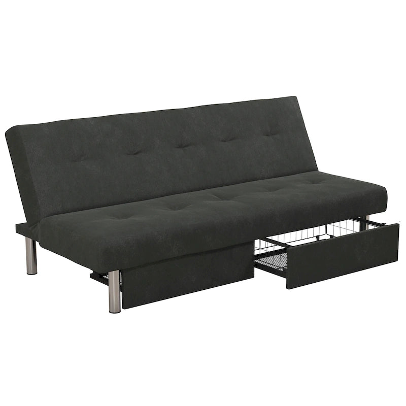 69" Convertible Storage Futon Sofa Bed with Tufted Microfiber Upholstery - Multi-Position Back, Pull-Out Storage, 600 lbs Capacity - 3 Color Options